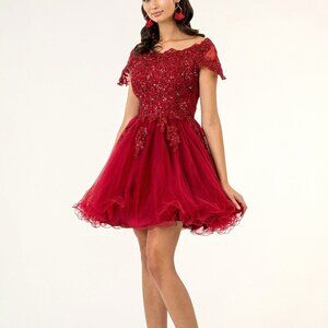 NEW BURGUNDY PARTY EVENING A-LINE  Boat Neck Tulle Short Dress GS1953